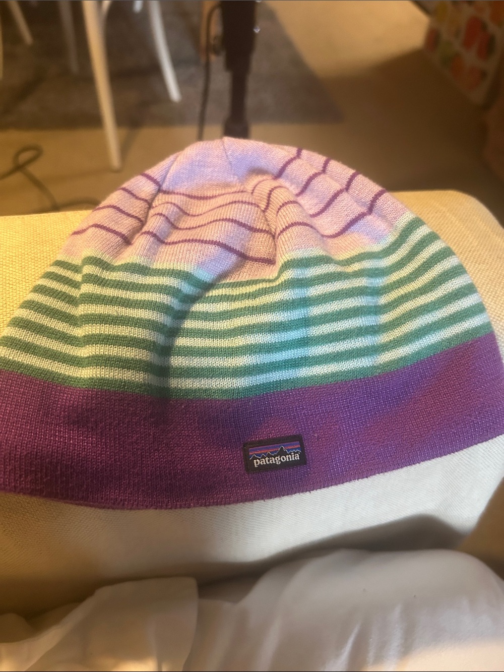 Patagonia Kids Striped Knit Beanie — Purple, Green & White